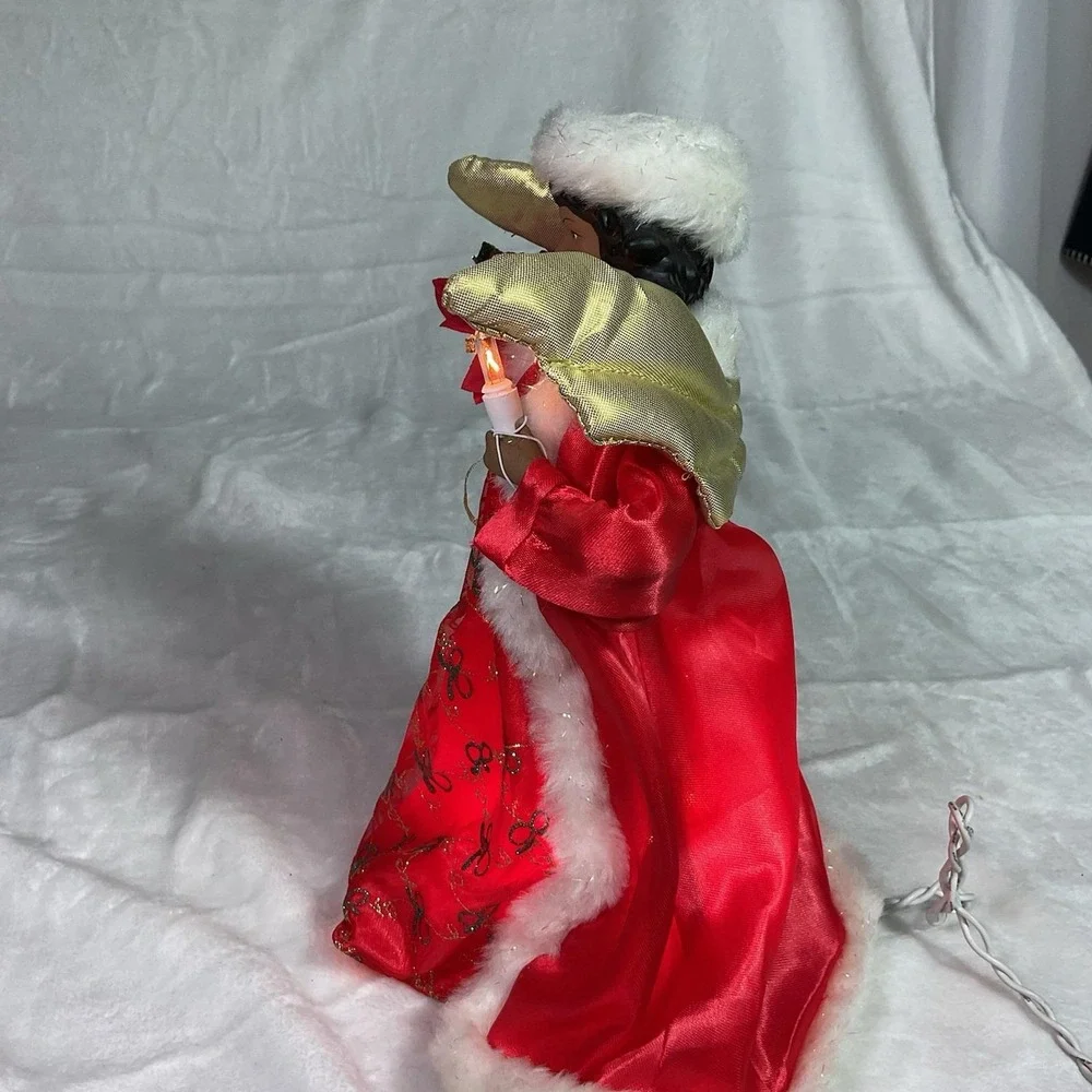 African American Lighted Angel Tree Topper Red Gold Christmas Black woman